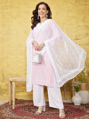 Hand Embroidered White Chiffon Lucknowi Dupatta 1
