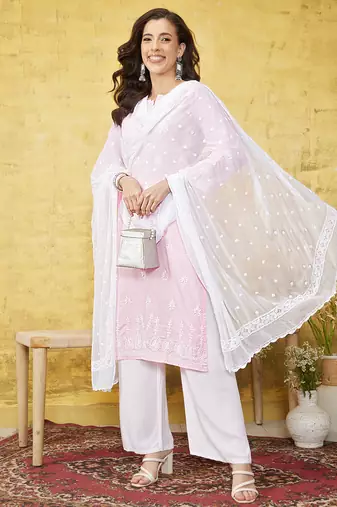 Hand Embroidered White Chiffon Lucknowi Dupatta