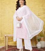 Hand Embroidered White Chiffon Lucknowi Dupatta