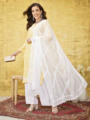 Hand Embroidered White Chiffon Lucknowi Chikankari Dupatta 1