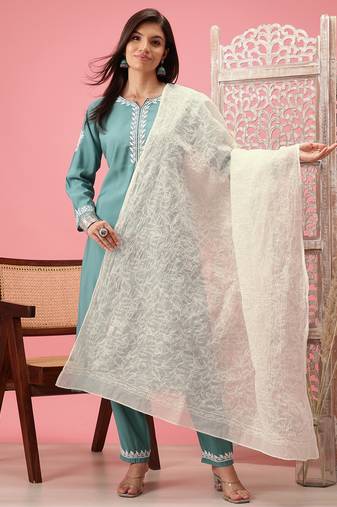 Hand Embroidered White Kota Lucknowi Chikankari Dupatta