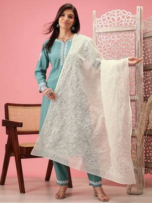 Hand Embroidered White Kota Lucknowi Chikankari Dupatta 1