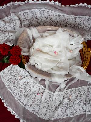Hand Embroidered White Chiffon Lucknowi Chikankari Dupatta 1