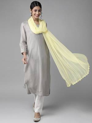 Hand Embroidered Lemon Chiffon Lucknowi Dupatta 1