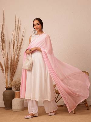 Hand Embroidered Pink Chiffon Lucknowi Chikankari Dupatta 1
