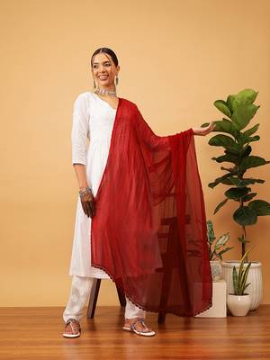 Hand Embroidered Red Chiffon Lucknowi Chikankari Dupatta With Muqaish Work 1