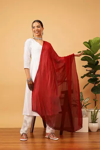 Hand Embroidered Red Chiffon Lucknowi Chikankari Dupatta With Muqaish Work