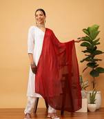 Hand Embroidered Red Chiffon Lucknowi Chikankari Dupatta With Muqaish Work