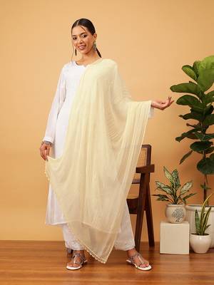 Hand Embroidered Fawn Chiffon Lucknowi Dupatta With Muqaish Work 1