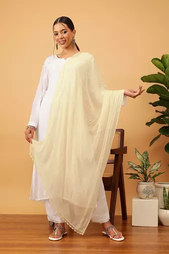 Hand Embroidered Fawn Chiffon Lucknowi Dupatta With Muqaish Work