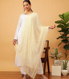 Hand Embroidered Fawn Chiffon Lucknowi Dupatta With Muqaish Work