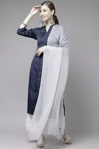 Hand Embroidered Grey Chiffon Lucknowi Dupatta