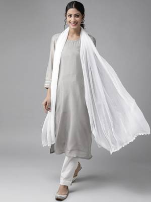 Hand Embroidered White Chiffon Lucknowi Dupatta 1