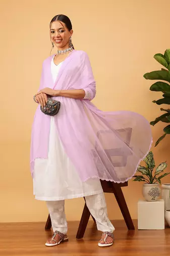 Hand Embroidered Mauve Chiffon Lucknowi Dupatta With Muqaish Work