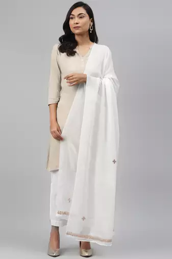 Hand Embroidered White Viscose Georgette Lucknowi Chikankari Dupatta With Gota Patti Work