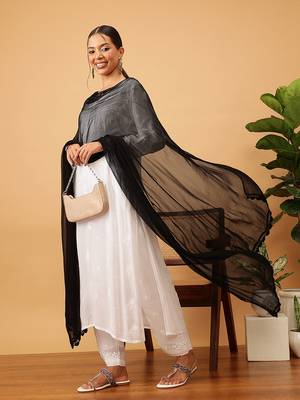 Hand Embroidered Black Chiffon Lucknowi Chikankari Dupatta With Muqaish Work 1