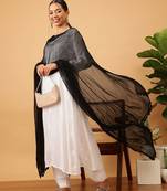 Hand Embroidered Black Chiffon Lucknowi Chikankari Dupatta With Muqaish Work