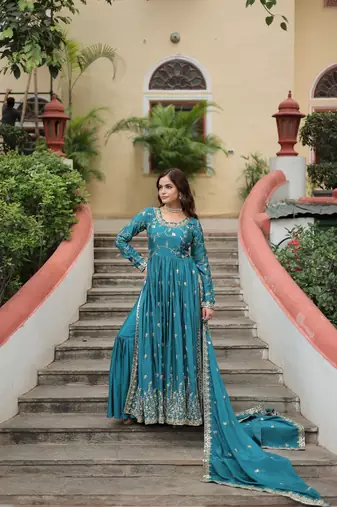 Sky blue Kurti Gharara Dupatta Collections
