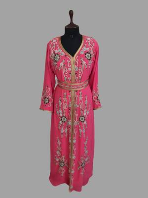 Raspberry color Handmade Moroccan Kaftan with hijjab 1
