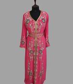 Raspberry color luxurious Handmade Moroccan Kaftan with hijjab