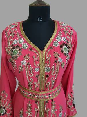 Raspberry color Handmade Moroccan Kaftan with hijjab 2