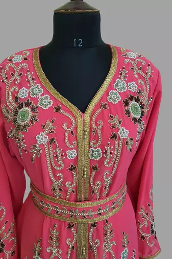 Raspberry color Handmade Moroccan Kaftan with hijjab