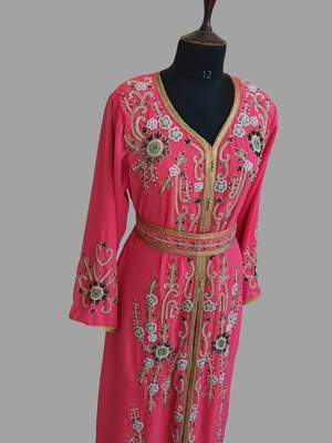 Raspberry color Handmade Moroccan Kaftan with hijjab 3