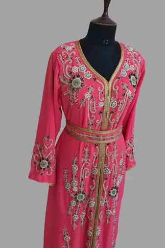 Raspberry color Handmade Moroccan Kaftan with hijjab