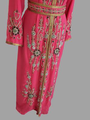 Raspberry color Handmade Moroccan Kaftan with hijjab 4