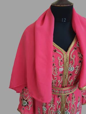 Raspberry color Handmade Moroccan Kaftan with hijjab 5