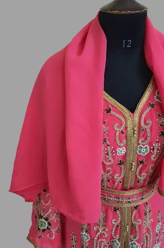 Raspberry color Handmade Moroccan Kaftan with hijjab