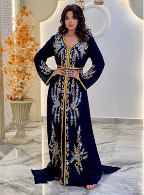 Navy-Blue color Handmade Moroccan Kaftan with hijjab 1