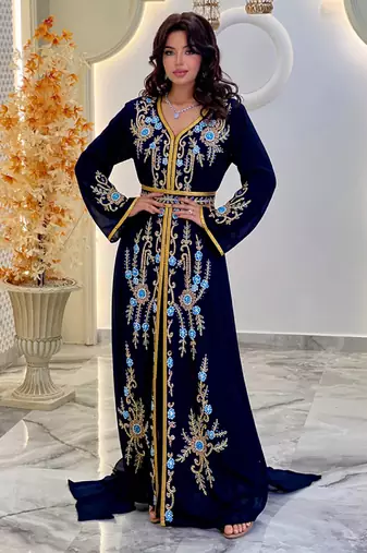 Navy-Blue color Handmade Moroccan Kaftan with hijjab