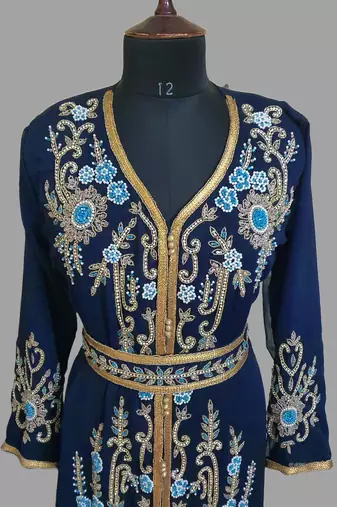 Navy-Blue color Handmade Moroccan Kaftan with hijjab