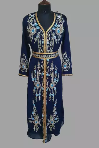 Navy-Blue color Handmade Moroccan Kaftan with hijjab