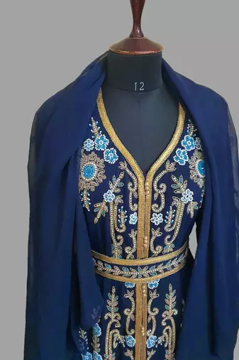 Navy-Blue color Handmade Moroccan Kaftan with hijjab