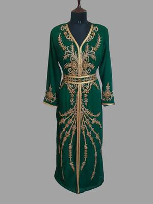 Dark Green color Handmade Moroccan Kaftan with hijjab 1