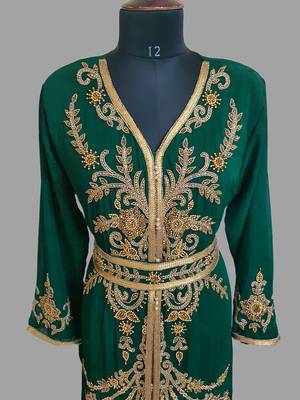 Dark Green color Handmade Moroccan Kaftan with hijjab 2