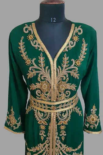 Dark Green color Handmade Moroccan Kaftan with hijjab