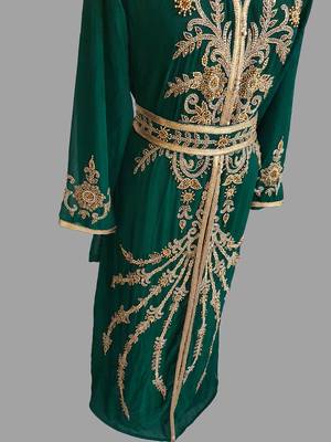 Dark Green color Handmade Moroccan Kaftan with hijjab 3