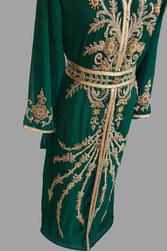 Dark Green color Handmade Moroccan Kaftan with hijjab