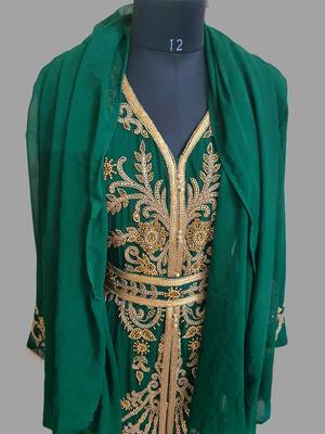 Dark Green color Handmade Moroccan Kaftan with hijjab 4
