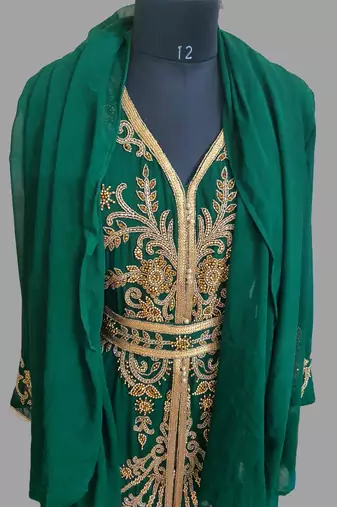 Dark Green color Handmade Moroccan Kaftan with hijjab