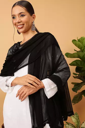 Hand Embroidered Black Chiffon Lucknowi Chikankari Dupatta With Muqaish Work