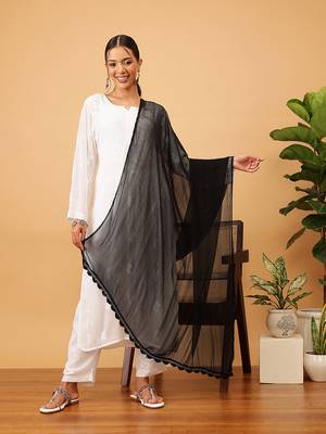 Hand Embroidered Black Chiffon Lucknowi Chikankari Dupatta With Muqaish Work 3