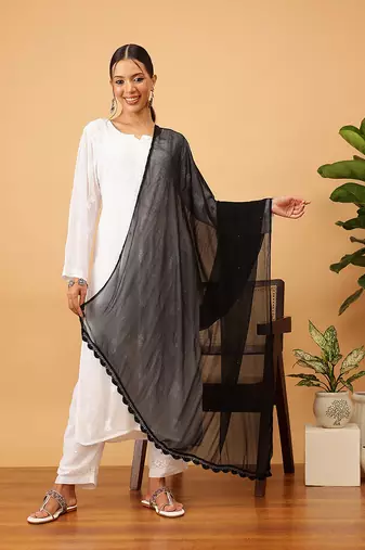 Hand Embroidered Black Chiffon Lucknowi Chikankari Dupatta With Muqaish Work