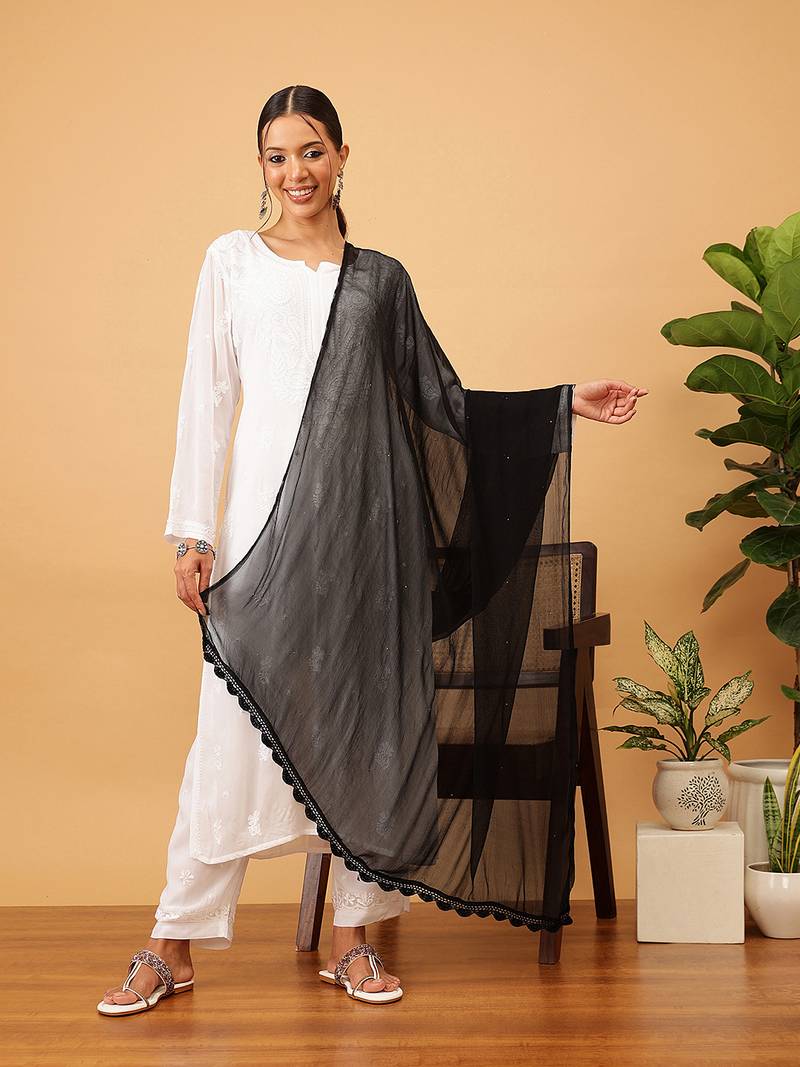 Hand Embroidered Black Chiffon Lucknowi Chikankari Dupatta With Muqaish Work