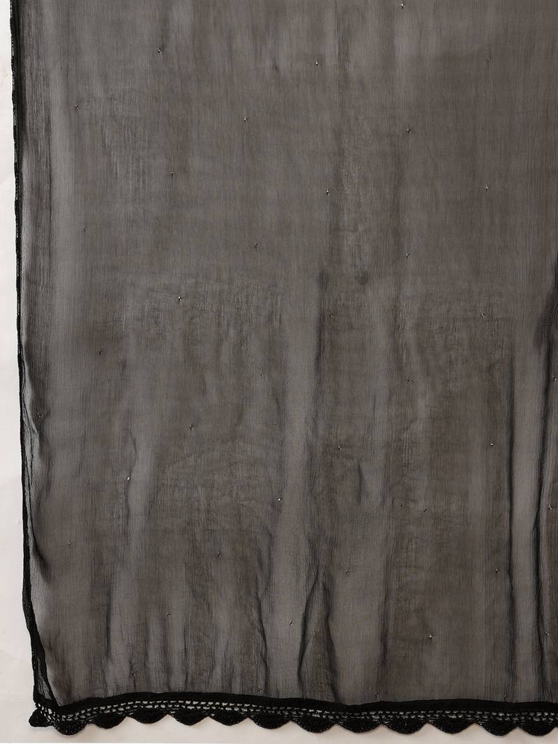 Hand Embroidered Black Chiffon Lucknowi Chikankari Dupatta With Muqaish Work