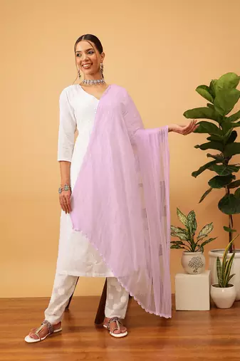 Hand Embroidered Mauve Chiffon Lucknowi Dupatta With Muqaish Work