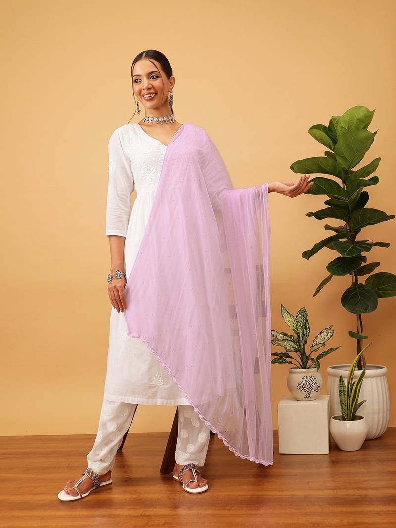 Hand Embroidered Mauve Chiffon Lucknowi Dupatta With Muqaish Work